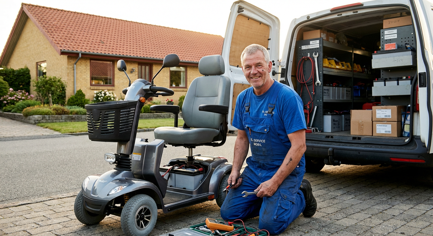 HalleCare mekaniker ved sit mobile værksted klar til at reparere en el-scooter hjemme hos kunden